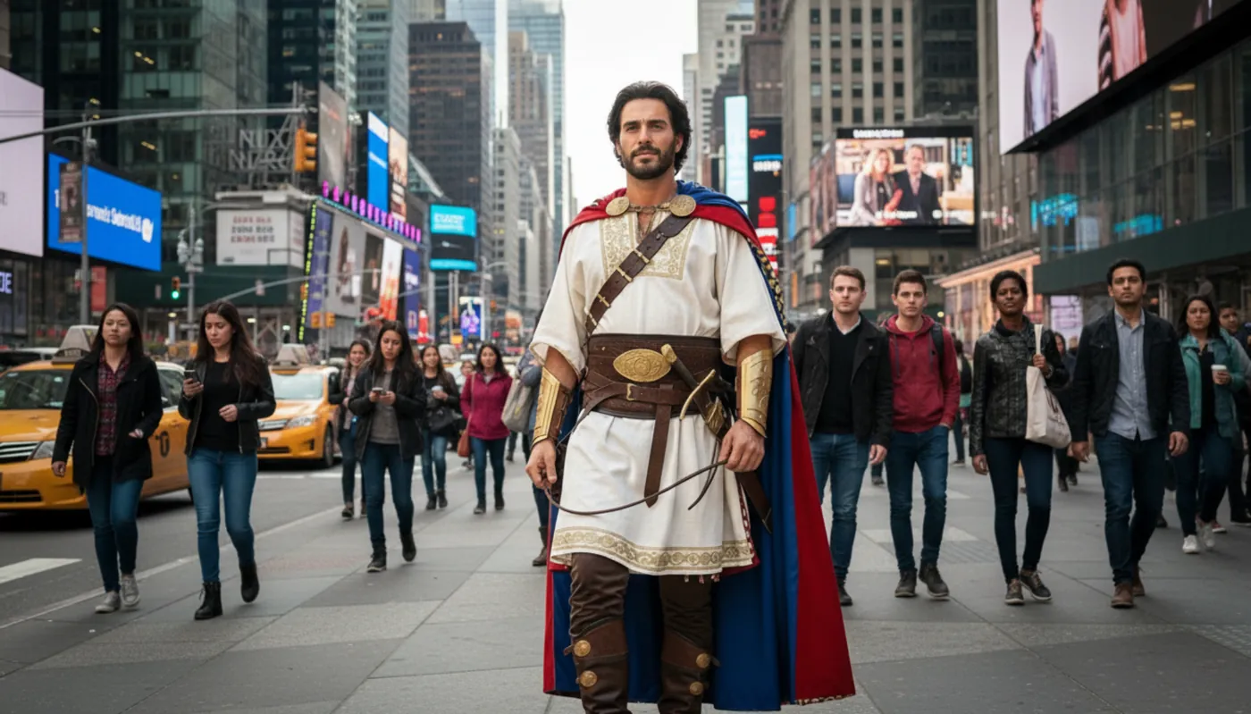 King Teleos figure in modern city